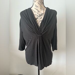 ARMANI COLLEZIONI V neck pullover top. Black/grey stripes, size 14.